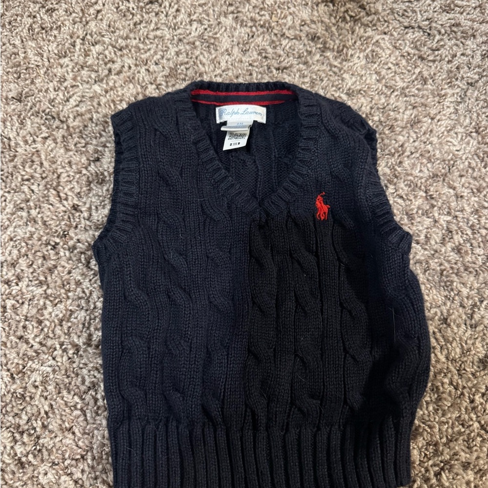 Ralph Lauren Navy Cable-Knit V-Neck Sweater Vest with Red Pony